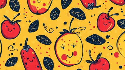 Cute Fruit Pattern  Yellow Background  Red Apples  Happy Faces  Leaves