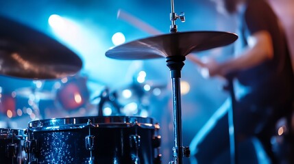 Naklejka premium A drummer playing hi-hat cymbals on stage with blue and orange lighting.