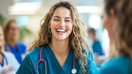 Radiant Nurse's Joyful Laugh: A captivating close-up of a smiling female nurse, radiating happiness and warmth in a medical setting. Her genuine joy is infectious.