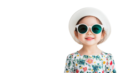Adorable little girl in sunglasses and hat enjoys a sunny day, portrait of summer fun fashion