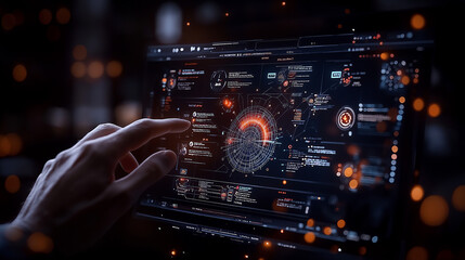 hand interacting with futuristic digital interface displaying data visualizations and analytics