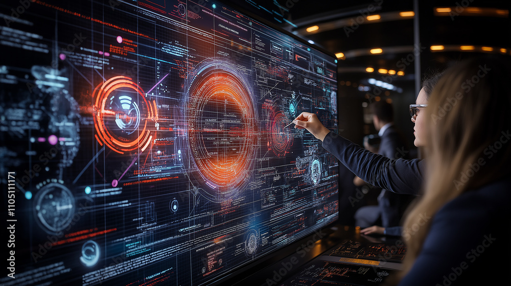 Aufkleber marketer analyzing digital data on futuristic screen, focused and engaged