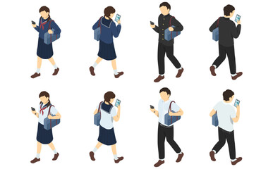 アイソメトリックイラスト：歩きスマホ(中学生)