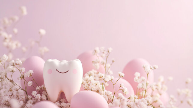 Easter Wellness Concept with Smiling Tooth Figure, Pastel Eggs, and Delicate Flowers on Pink Background with Copy Space Symbolizing Spring and Health