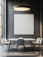 Contemporary meeting office with blank banner on wall, table and chairs. Workplace and lifestyle concept. 3D Rendering