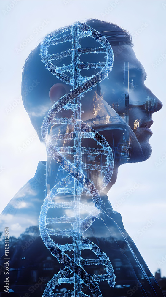 Poster A double exposure image of a man with a DNA strand overlay, symbolizing genetics and identity.