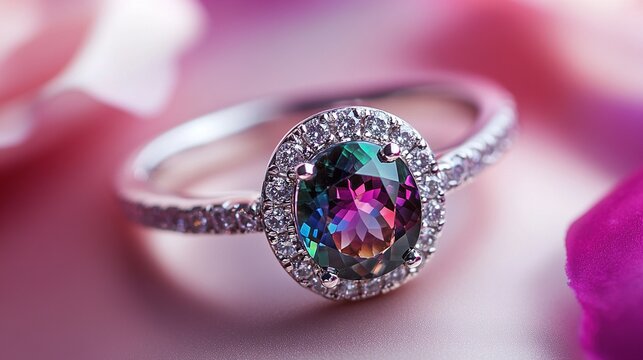 An enchanting ring featuring a color-changing alexandrite gemstone, surrounded by sparkling diamonds on a polished white gold band. Perfect for luxury, jewelry, and mystical fashion designs.