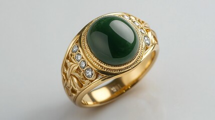 A timeless ring featuring a deep green jade gemstone, accentuated by sparkling diamonds on an...