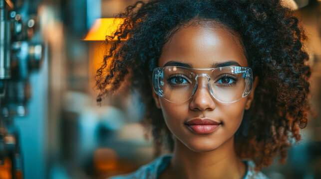 African american woman in safety goggles smiling indoors at workshop