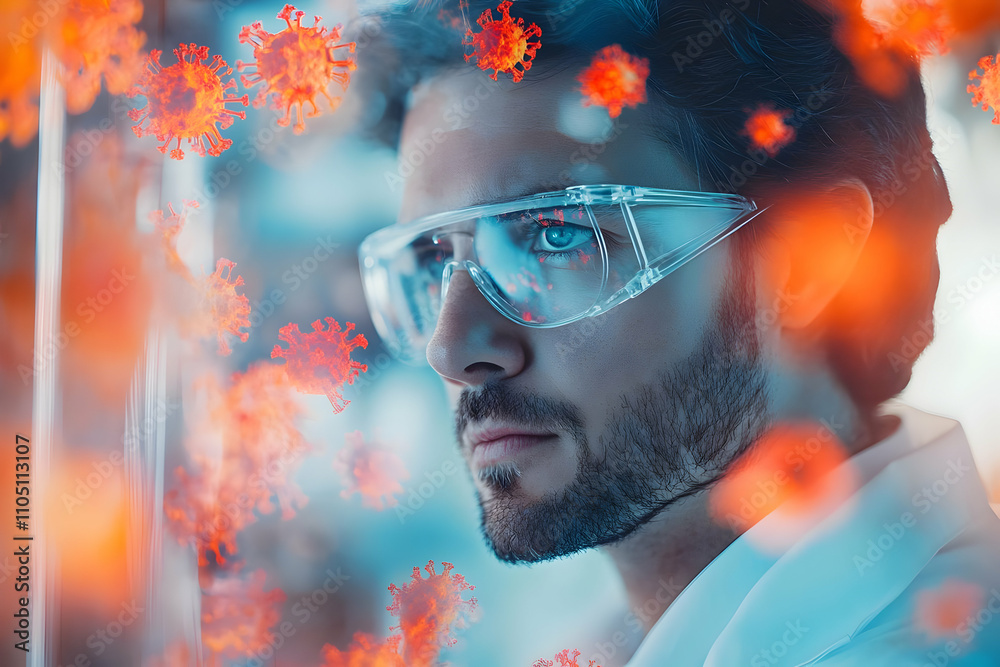 Poster A scientist in protective eyewear examines virus particles in a lab setting.