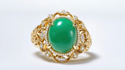 Naklejka premium A refreshing ring showcasing a vibrant green chrysoprase gemstone, accented by shimmering diamonds on an intricate yellow gold band. Perfect for nature-inspired fashion and luxury jewelry projects.