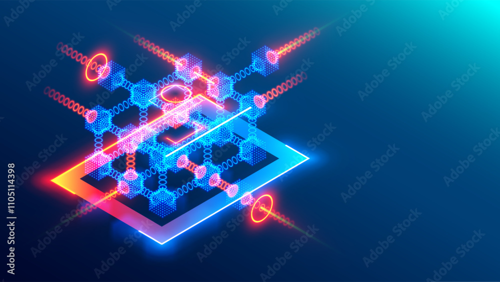 Poster Abstract blockchain on technology futuristic background. Linked blocks on tech abstract background. Data storage environment. Abstract blockchain technology cryptocurrency and fintech square cube.