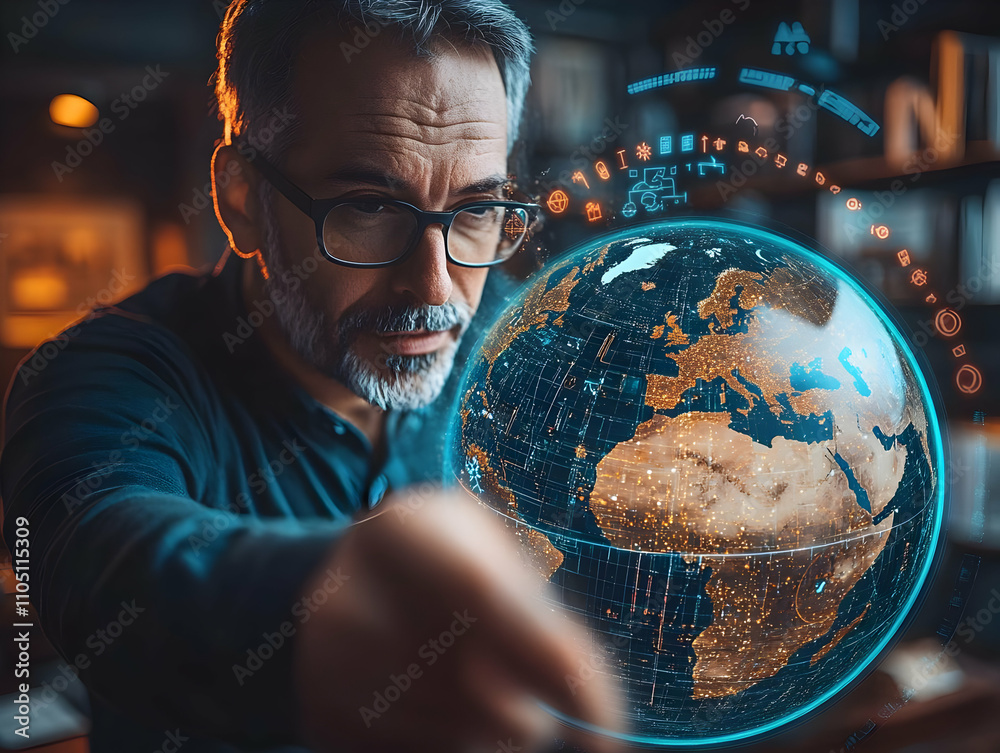 Poster a man interacts with a holographic globe, highlighting global data and technology themes.