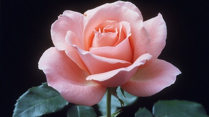 Single pink rose blossom against black background.