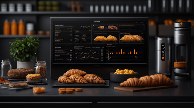 modern bakery display with pastries, coffee machine, and data screen