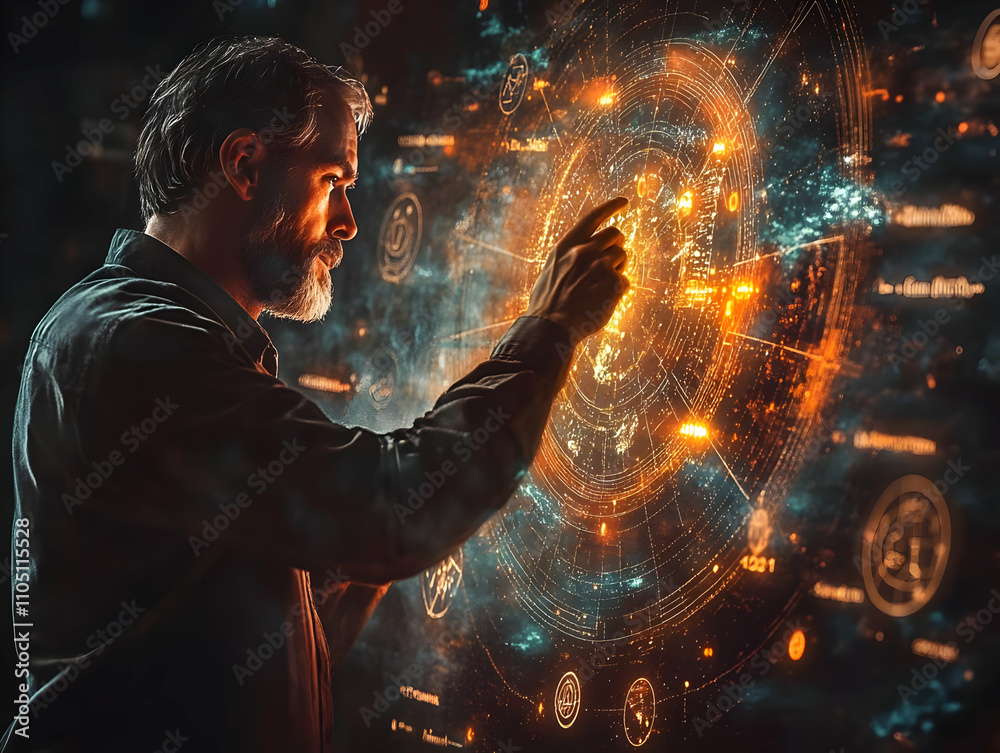 Aufkleber A man interacts with a futuristic digital interface displaying cosmic data and connections.