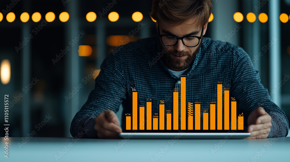 Aufkleber man analyzing data on tablet with bar graph overlay