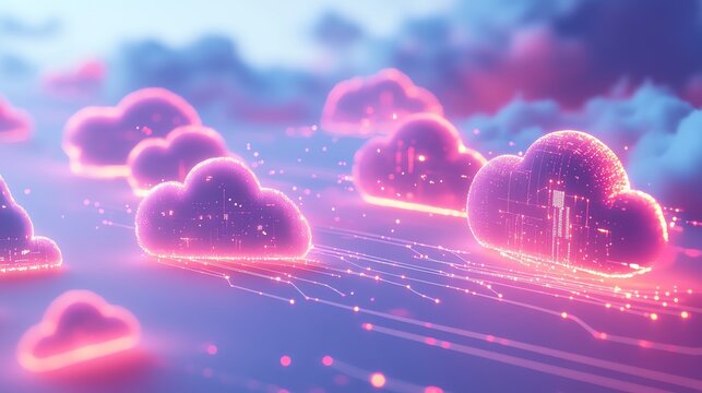 A digital illustration of pink and purple cloud computing icons.