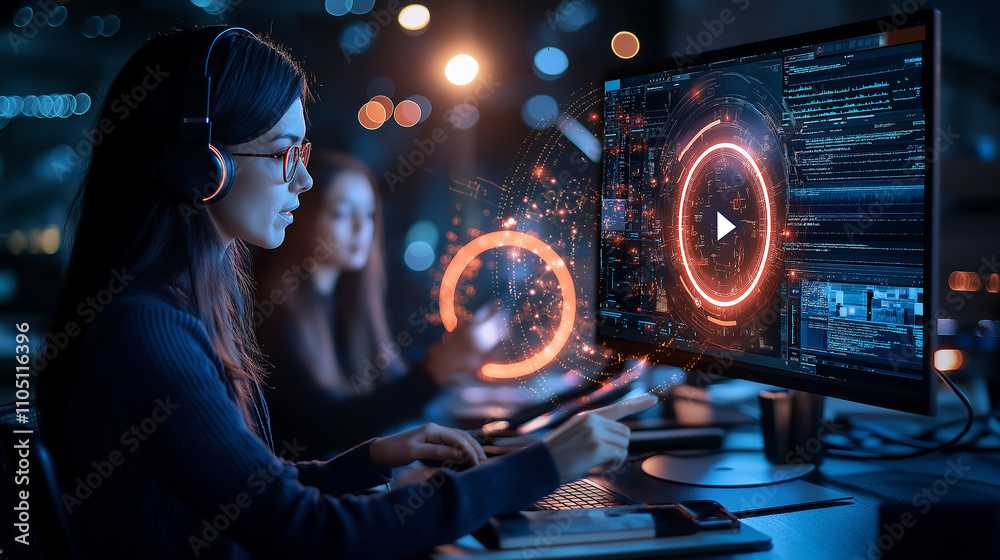 Aufkleber focused woman using computer with digital graphics at night