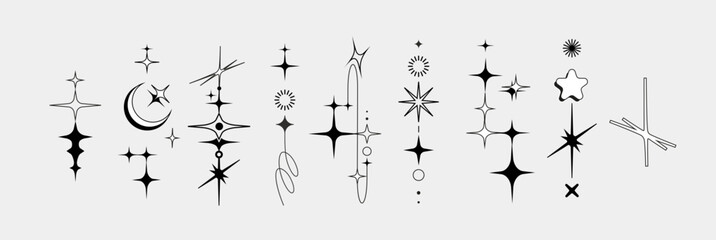 Y2k style Twinkle star figures, tattoo bling shapes. Magical sparkle flash, shiny shine. The fireworks flicker, blink, the figures sparkle and glow.	
