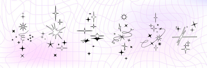 Y2k style Twinkle star figures, tattoo bling shapes. Magical sparkle flash, shiny shine. The fireworks flicker, blink, the figures sparkle and glow.	
