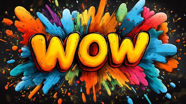 Colorful WOW text with vibrant splashes on a dark background