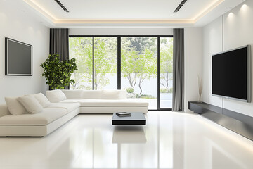 Fototapeta premium living room with a white couch, a coffee table, and a television. The room is bright and airy, with a large window letting in natural light