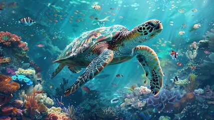 Naklejka premium Sea Turtle Swimming Through a Coral Reef