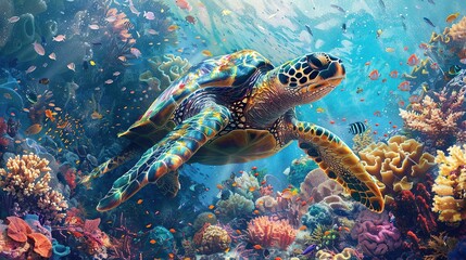 Sea Turtle in a Vibrant Coral Reef