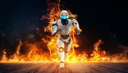 Naklejka premium 業火の中を走り抜ける最新鋭の完全防火型ロボット。aiで生成