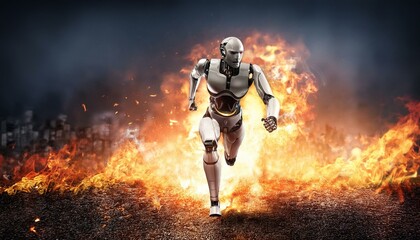 Fototapeta premium 業火の中を走り抜ける最新鋭の完全防火型ロボット。aiで生成