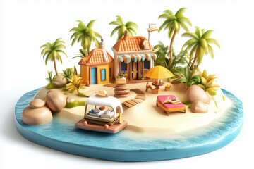 Obraz premium small island with a house, a boat, and a beach. The house is yellow and blue, and the boat is white. The beach is sandy and has a few rocks. Scene is relaxed and peaceful