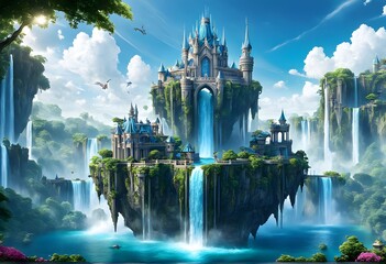 A magical floating island with cascading waterfalls and a crystal palace, AI Generated
