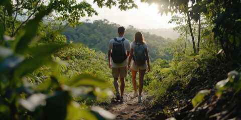 A medium shot of a young couple trekking through a lush rainforest trail in Costa Rica, carrying hiking backpacks