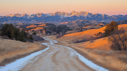 winding dirt road leads through snowy landscape towards distant mountains under colorful sunset sky, creating serene and picturesque scene