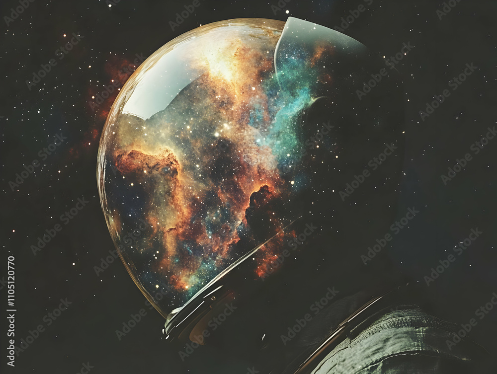 Poster an astronaut helmet filled with a colorful cosmic scene, symbolizing exploration and wonder.