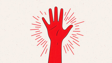 vibrant red hand raised in celebration, symbolizing joy and positivity. background features light texture, enhancing energetic feel of image