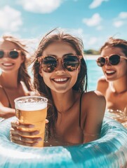 Happy rich friends doing boat party in caribbean sea - Young people having fun drinking beer and listening music in tropical sea tour - Youth, summer and vacation concept - Focus on left girl face