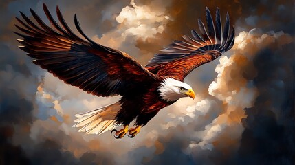 Obraz premium Majestic eagle soaring through dramatic clouds in a striking display of freedom.