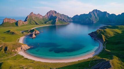 serene coastal landscape with turquoise waters and lush green hills under clear sky, creating tranquil and picturesque scene