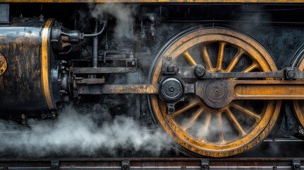 Close-up of a steam locomotive's wheels and machinery emitting steam.