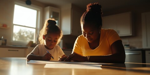 A mother helping her young daughter with math homework at the kitchen table