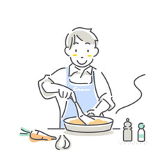 自炊をする若い男性　育児休暇取得　シンプルでお洒落な線画イラスト