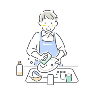 recommend clip art: 家事・育児をする若い男性　育児休暇取得　シンプルでお洒落な線画イラスト