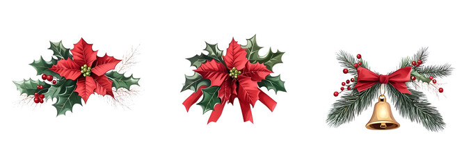 Christmas garland with poinsettia, holly and mistletoe flowers on a white background.
