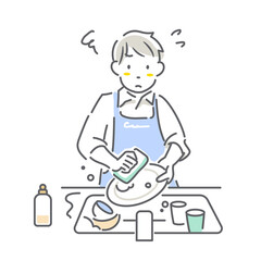 食器を洗う若い男性　育児休暇取得　シンプルでお洒落な線画イラスト