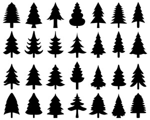 Obraz premium Christmas tree icons, black silhouettes on a white background