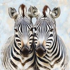 Naklejka premium Two majestic zebras side by side, showcasing their striking black and white stripes in a serene and artistic composition.