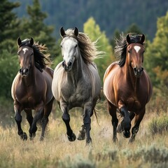 Obraz premium Three majestic horses galloping through a lush field, showcasing their power and grace in nature's vibrant backdrop.