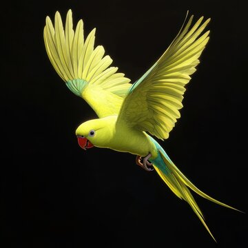 A vibrant green parakeet in mid-flight, showcasing its bright feathers against a dark backdrop.